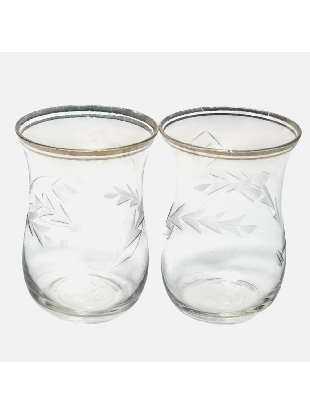 2 Vintage Etched Juice Glasses 3.25" Gold Rim Floral Cordial Cocktail Home Bar D